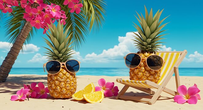 Pineapple paradise: Two cool pineapples relaxing on a tropical beach in sunny splendor, surrounded by vibrant flowers and a tranquil ocean view.
