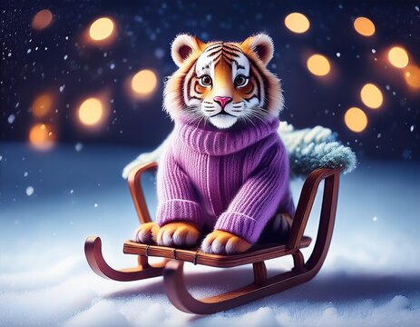 Niedlicher Tiger f&auml;hrt Schitten