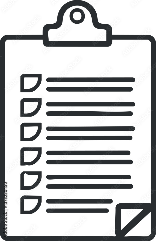 Poster simple black and white icon of a clipboard with a checklist for tasks and organization.