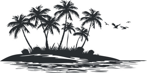 Silhouette of a tropical island with palm trees and birds over the ocean in black and white.