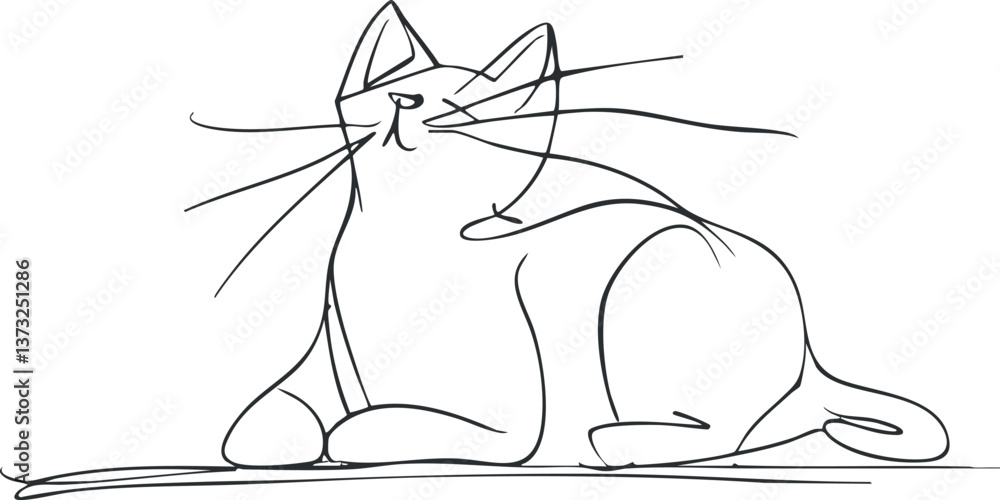 Poster minimalist line drawing of a cat in a relaxed pose with elegant contours.