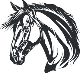 Fototapeta premium Black and white stylized horse head illustration with flowing mane and expressive features.