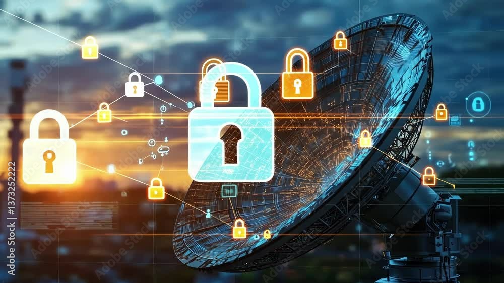 Poster satellite dish with overlayed digital padlocks and data streams symbolizing secure communication and