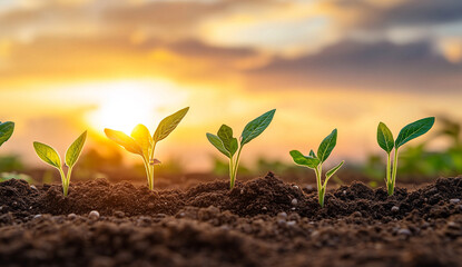 A photo depicting the growth stages of plants, from seedling to young plant in soil with a sunset sky background