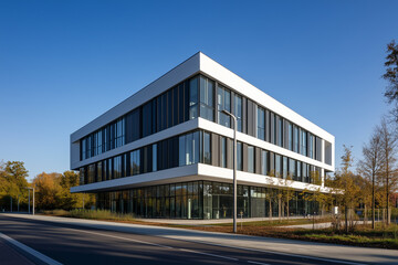 Fototapeta premium A three-story office building with white and black facade panels