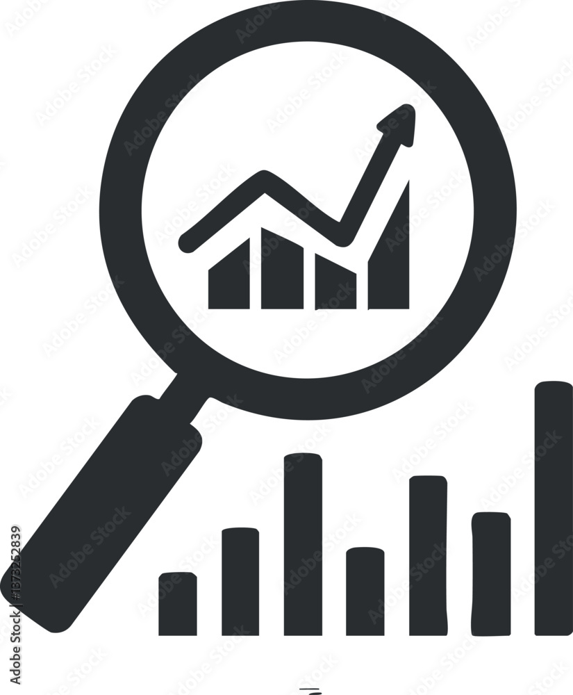 Poster magnifying glass over bar graph indicating data analysis and business growth evaluation.
