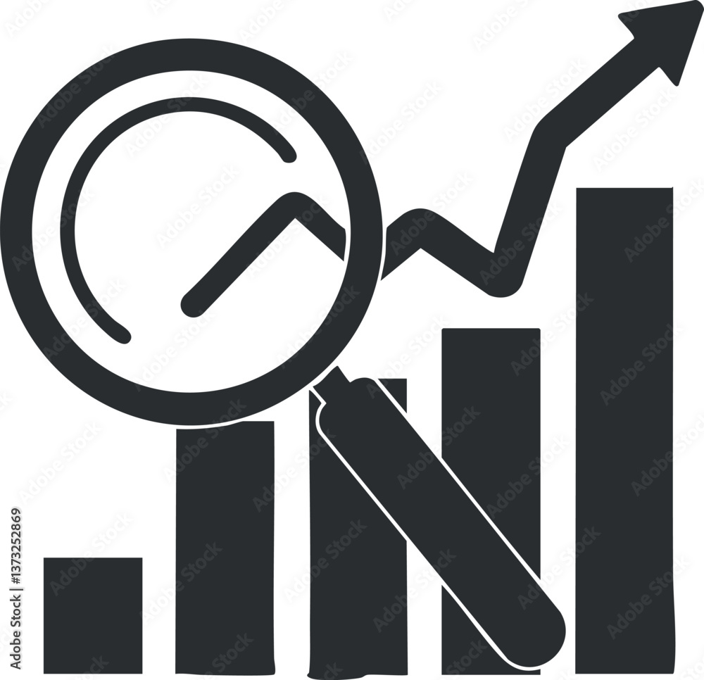 Poster monochrome icon depicting data analysis with a magnifying glass and upward trend graph.