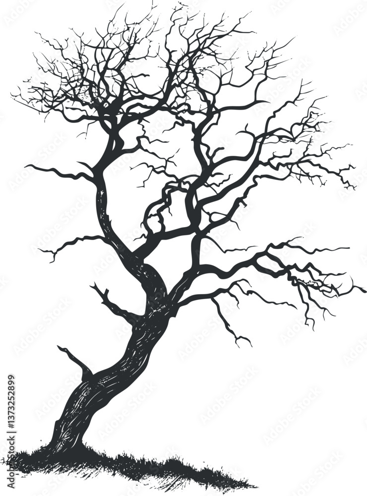 Poster silhouette of a leafless tree with twisted branches against a white background.