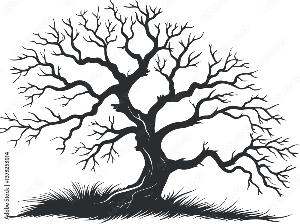 Poster silhouette of a leafless tree with intricate branches, isolated on a white background.