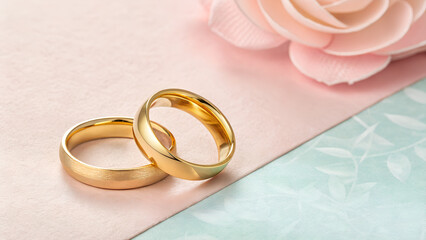 Two golden wedding rings without any patterns, drawings or symbols, on the left part of image, on pastel background with free copy empty space on the right side of image