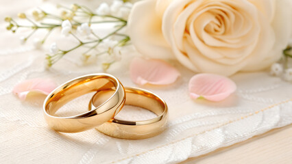 Two golden wedding rings without any patterns, drawings or symbols, on the center of image, on pastel background, top front view