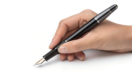 Hand holding a pen, fountain pen, ready to write something, isolated on white background