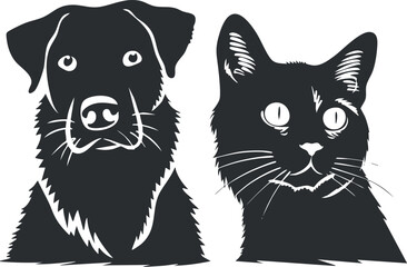 Obraz premium Black and white silhouette illustration of a dog and cat highlighting their companionship.
