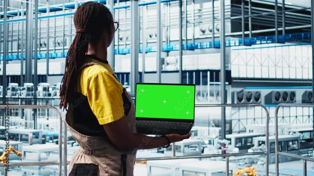 Poster smart factory professional implements automated workflows using isolated screen laptop, digitizing m