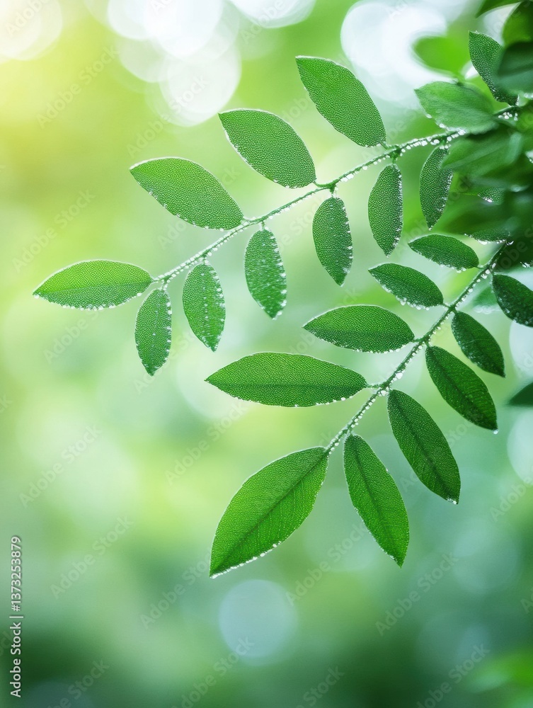 Aufkleber fresh green leaves adorned with dewdrops capture the essence of tranquility in a minimalist nature s