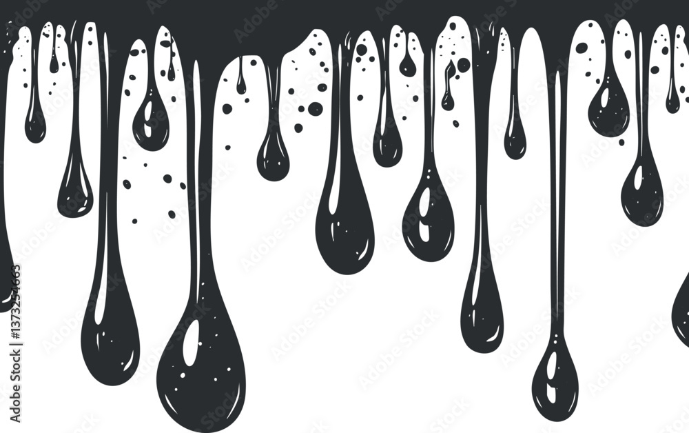 Poster abstract black paint drips creating a dynamic and artistic visual design on a white background.