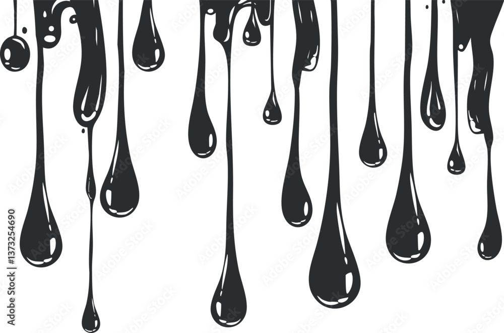 Poster abstract black liquid dripping down, creating a dynamic and artistic design background.