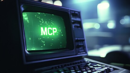 Green glowing MCP text on vintage computer monitor