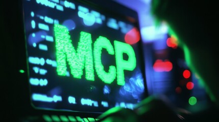 Green glowing MCP text on vintage computer monitor