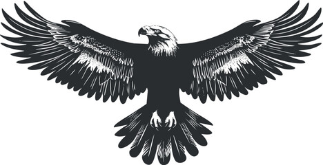 Obraz premium Black and white silhouette of an eagle with wings spread wide, showcasing its majestic form.