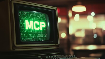 Obraz premium Green glowing MCP text on vintage computer monitor