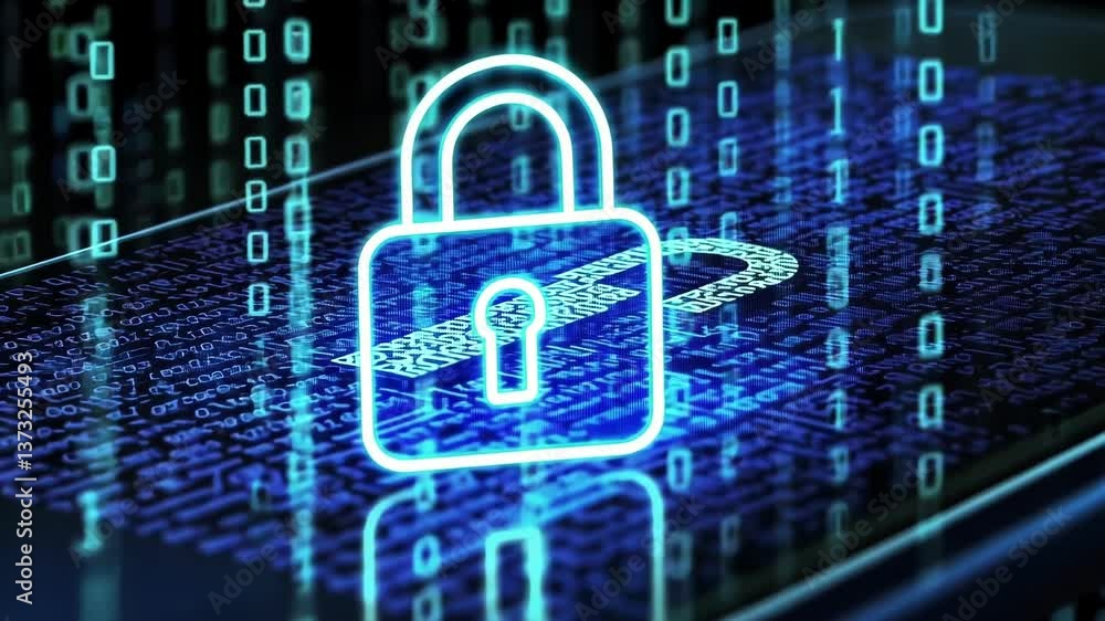 Poster open padlock icon displayed on smartphone screen with binary code streaming down, representing cyber