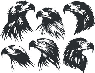 Collection of five black and white eagle head illustrations in a vector art style.
