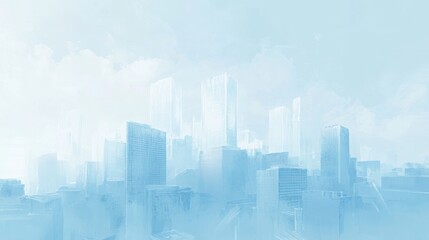 A light and airy background featuring urban building thick outlined in glowing white against a soft sky-blue backdrop