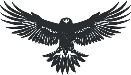 Obraz premium Black and white silhouette of an eagle with outstretched wings in flight, showcasing detailed feathers.