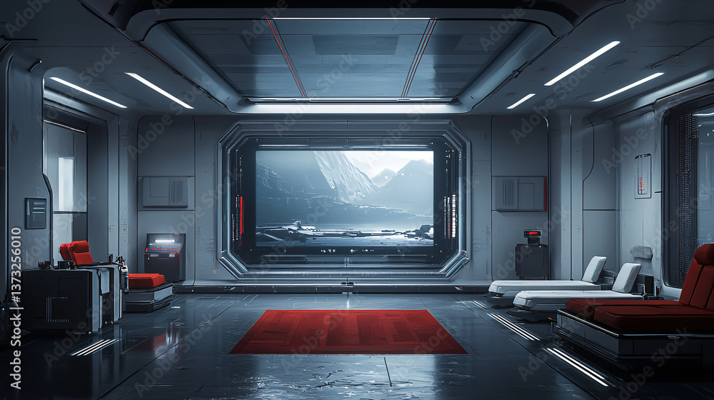 Poster elegant room with a red carpet and unique virtual reality arcade features creating a moody and drama