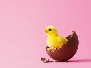 Fluffy yellow chick emerging from a broken chocolate egg, set against a powder pink backdrop. Creative Easter celebration concept with copy space.