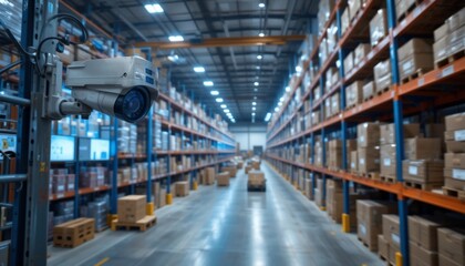 Fototapeta premium Warehouse Security Camera Surveillance System Industrial Inventory Monitoring CCTV