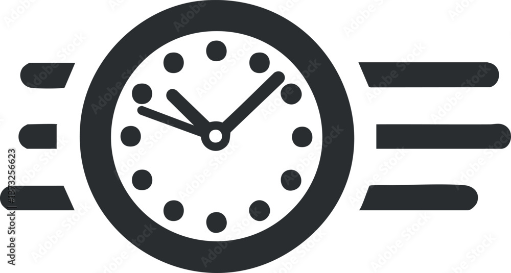 Poster black and white icon of a clock with speed lines, symbolizing fast movement and urgency.