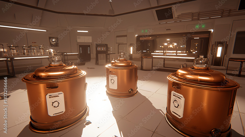 Aufkleber a spacious room filled with rows of beer kegs displaying a unique sci-fi environment with creative d