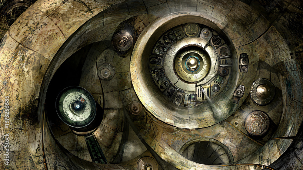 Poster an intricate clock embedded in a building interior showcasing futuristic design elements within a sc