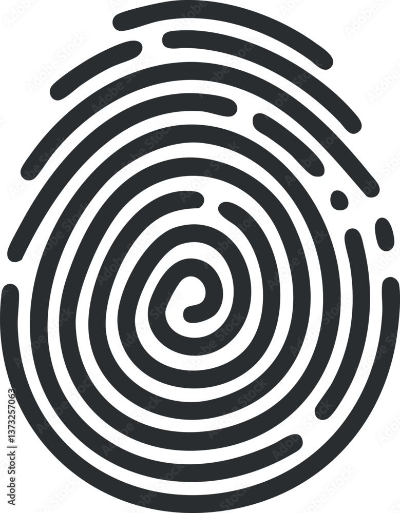 Poster illustration of a black fingerprint pattern symbolizing identity and biometric security technology.