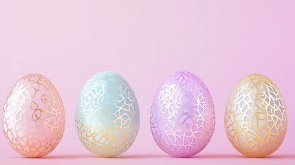Elegant decorative colourful eggs on pastel background.  Easter celebration concept with copy space.