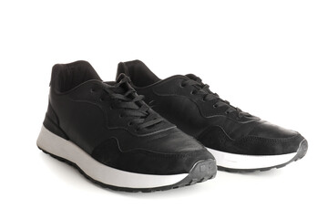 Stylish male black sneakers on white background