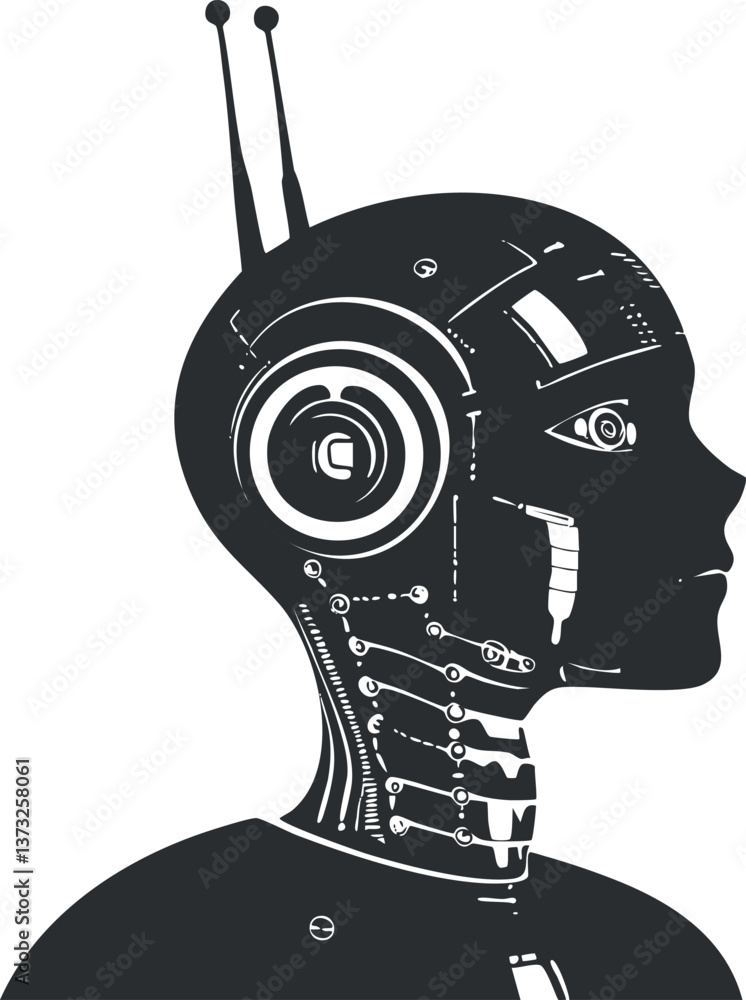 Poster silhouette of a futuristic robot head with circuit patterns and antennae.