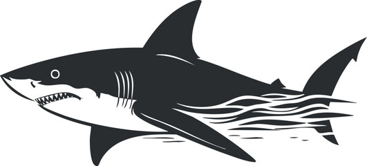 Fototapeta premium Black and white silhouette of a shark displaying dynamic movement and fierce expression.
