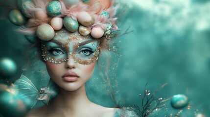 A stunning woman adorned with branches, Easter eggs and decorative mask. Creative Easter celebration concept with copy space.	