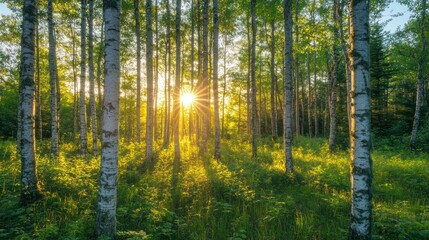 Bright sunshine filters through a forest of tall trees with green foliage