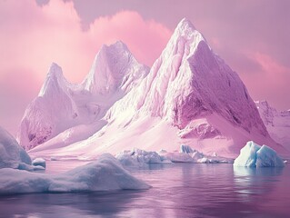 Ethereal Iced Mountains by the Sea with Light Magenta and Sky-Blue Hues, Capturing Otherworldly Visions, Dusty Piles, and Provocative Landscapes