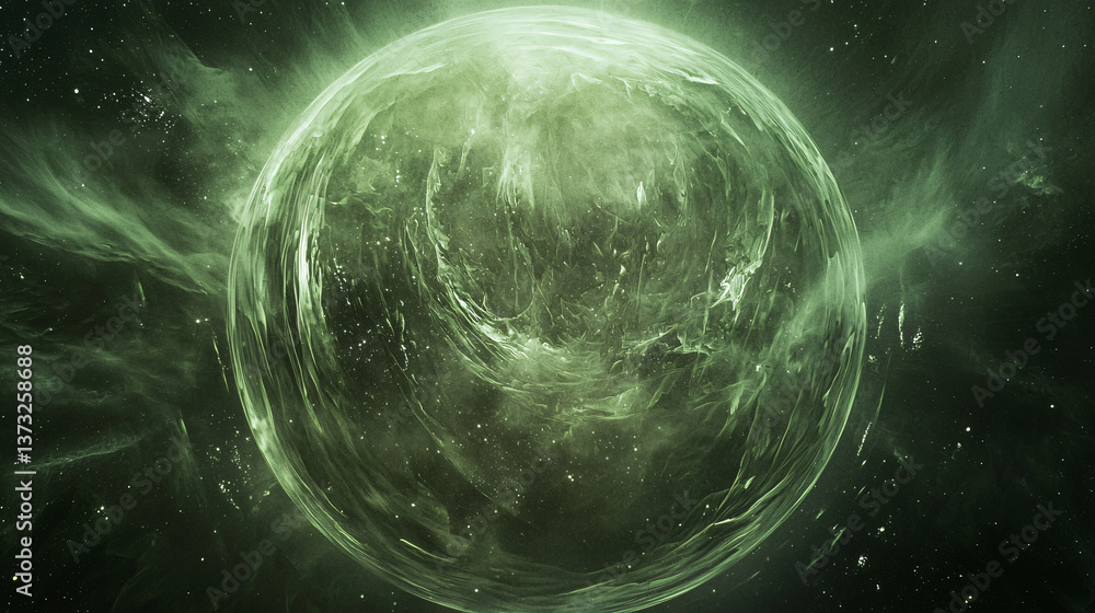 Poster striking image of a green planet set against a black background capturing the mystique of cosmic aur