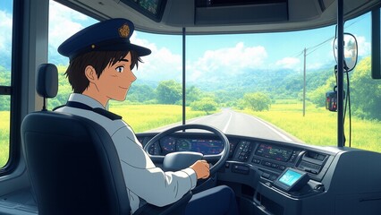 Animated driver navigates bus through vibrant countryside road under sunny sky for scenic journey