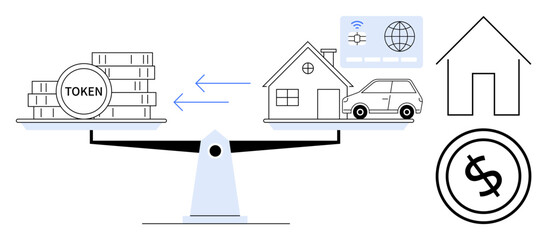 Obraz premium Tokens balanced against property assets thumbs up house and car on a scale. Exchange arrows and digital elements. Ideal for economy, finance, trade, blockchain, investment, valuation, digital