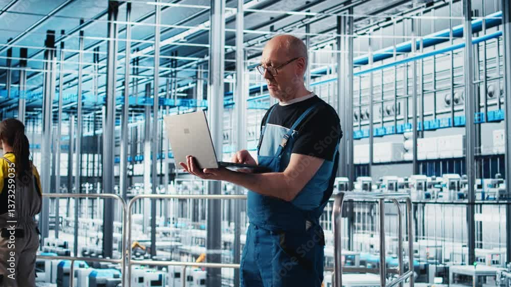 Poster elderly engineer uses laptop in smart factory to test automated systems, ensuring reliability. exper