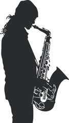 Fototapeta premium Silhouette of a saxophonist playing music, highlighting the jazz instrument in black and white.