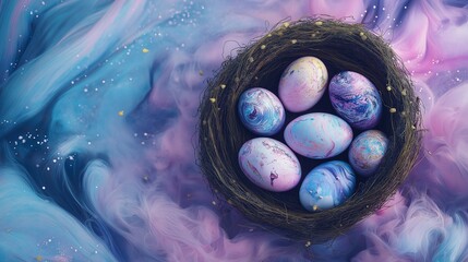 Easter eggs painted and decorated with galaxies, nebulae and cosmos, nestled in a natural straw nest, on a cosmic background. Easter celebration concept.