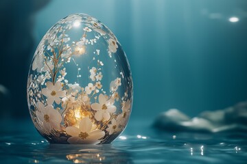 Elegant glass egg adorned with intricate floral pattern and glow in enchanting water. Creative Easter celebration concept with copy space.